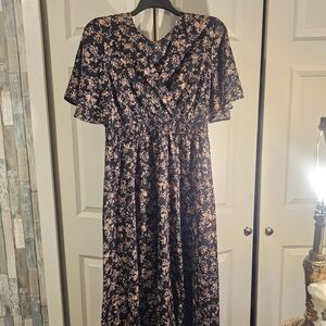 Floral Print Black and Blush Midi Dress